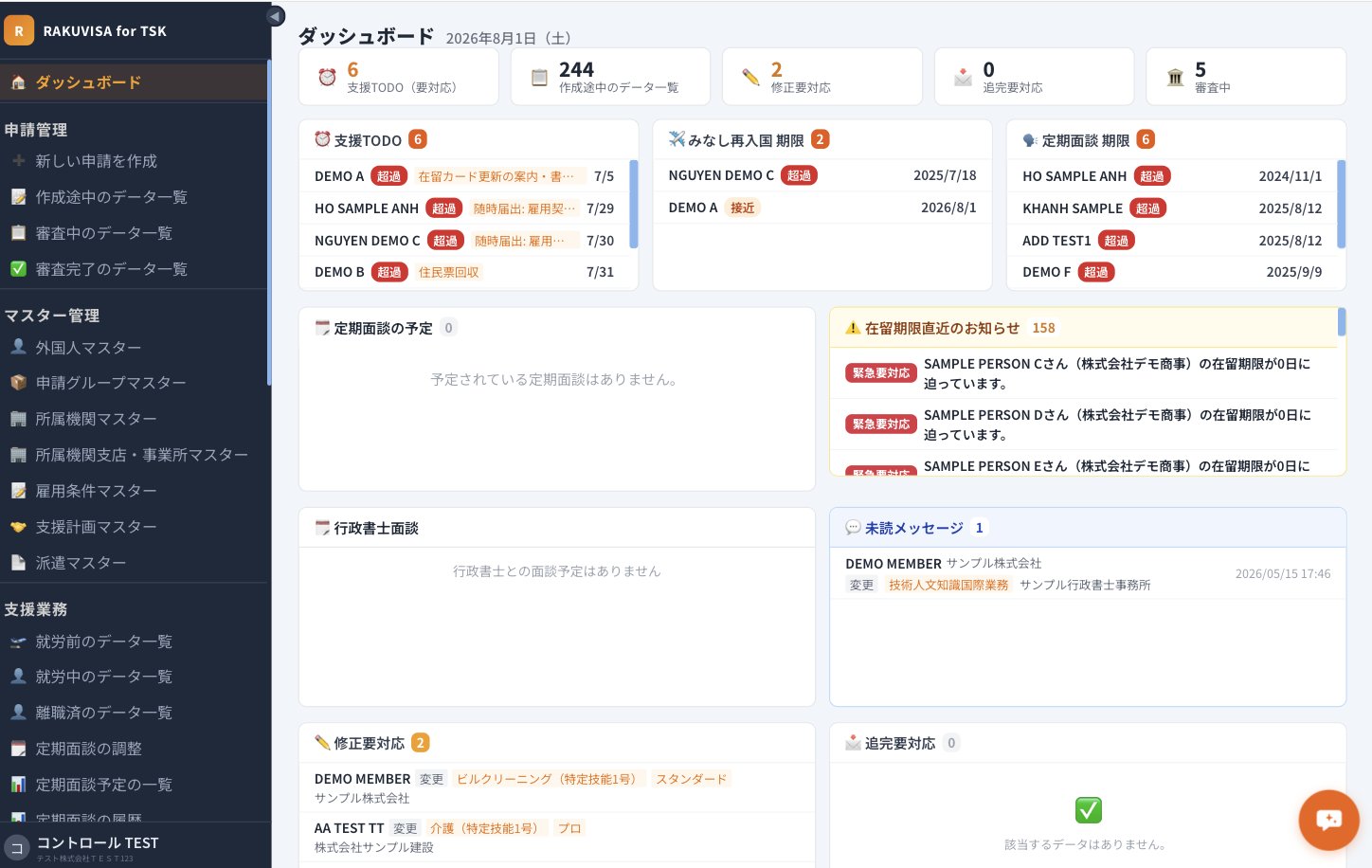 登録支援機関向けダッシュボード画面