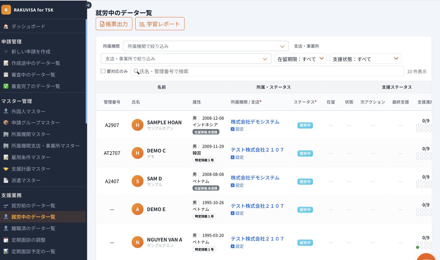 就労中のデータ一覧画面